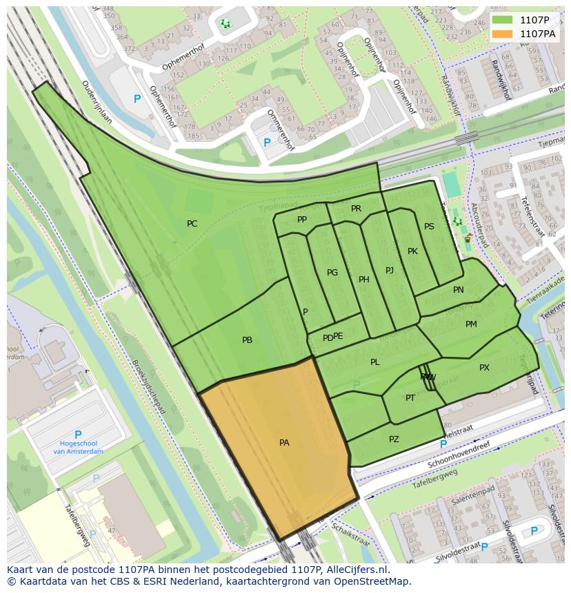 Afbeelding van het postcodegebied 1107 PA op de kaart.