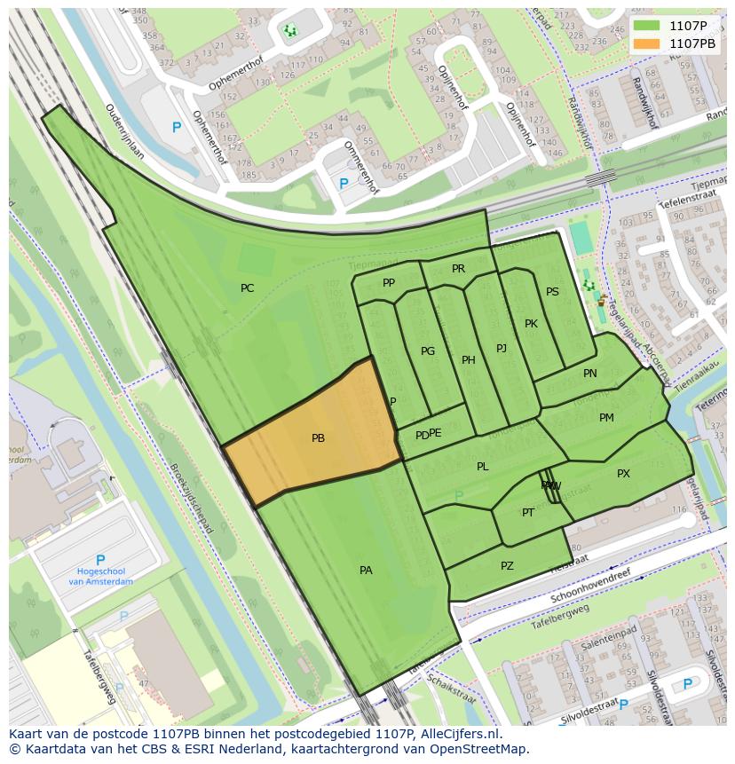 Afbeelding van het postcodegebied 1107 PB op de kaart.