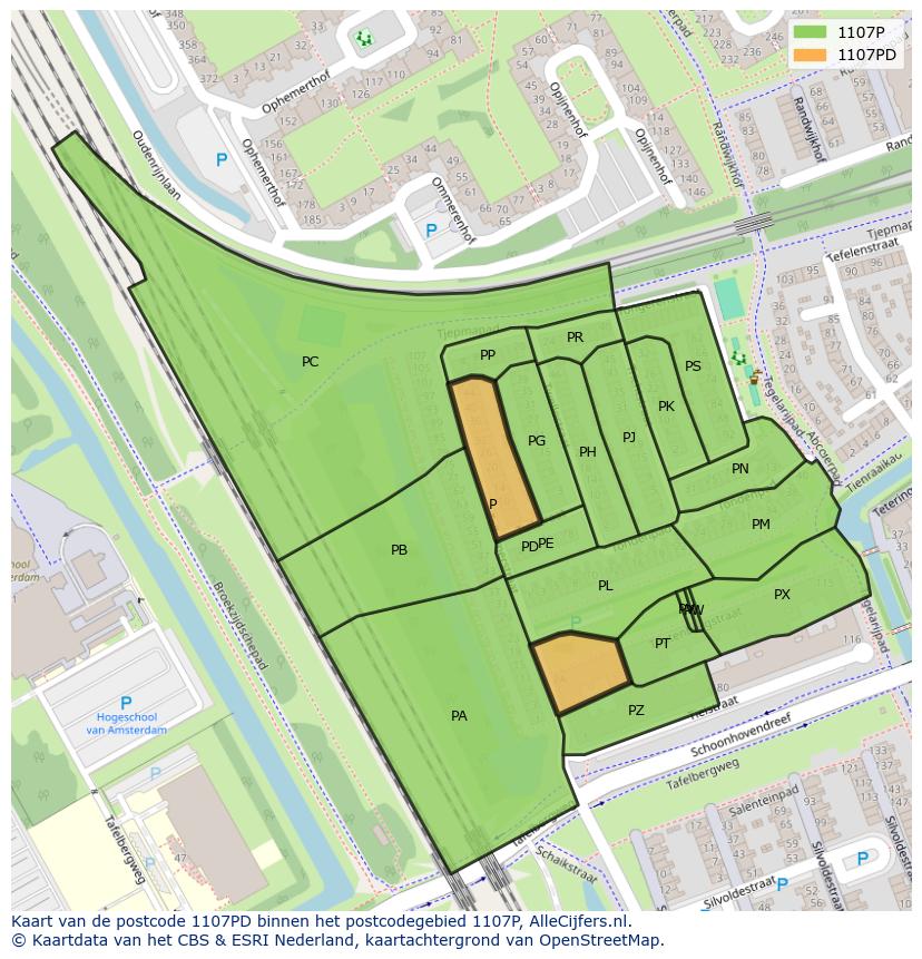 Afbeelding van het postcodegebied 1107 PD op de kaart.