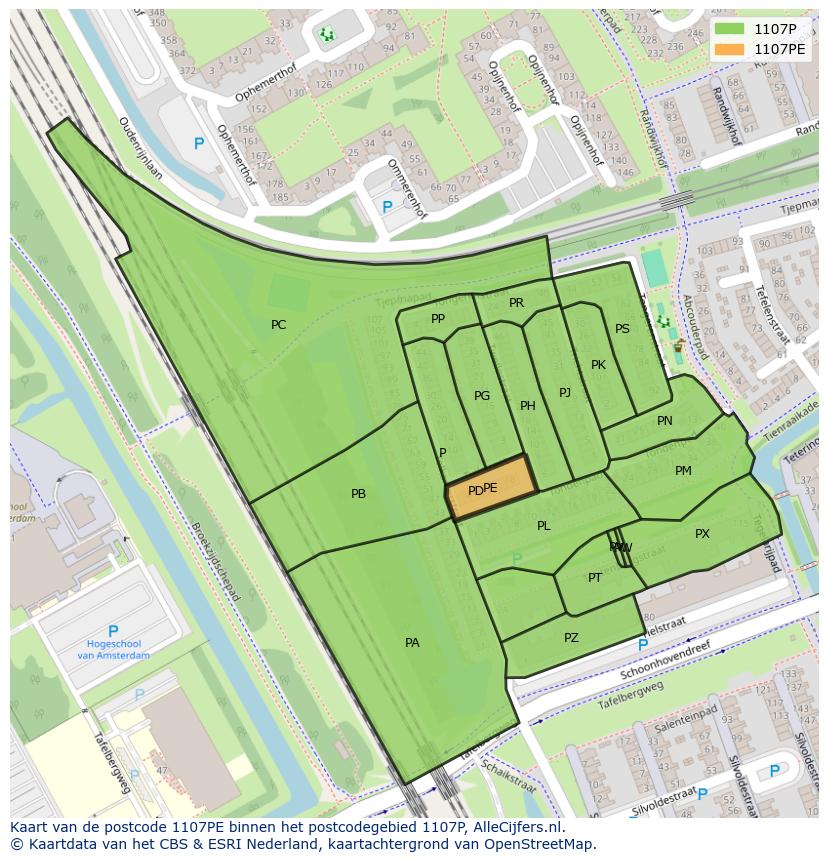Afbeelding van het postcodegebied 1107 PE op de kaart.