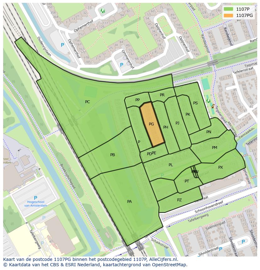 Afbeelding van het postcodegebied 1107 PG op de kaart.