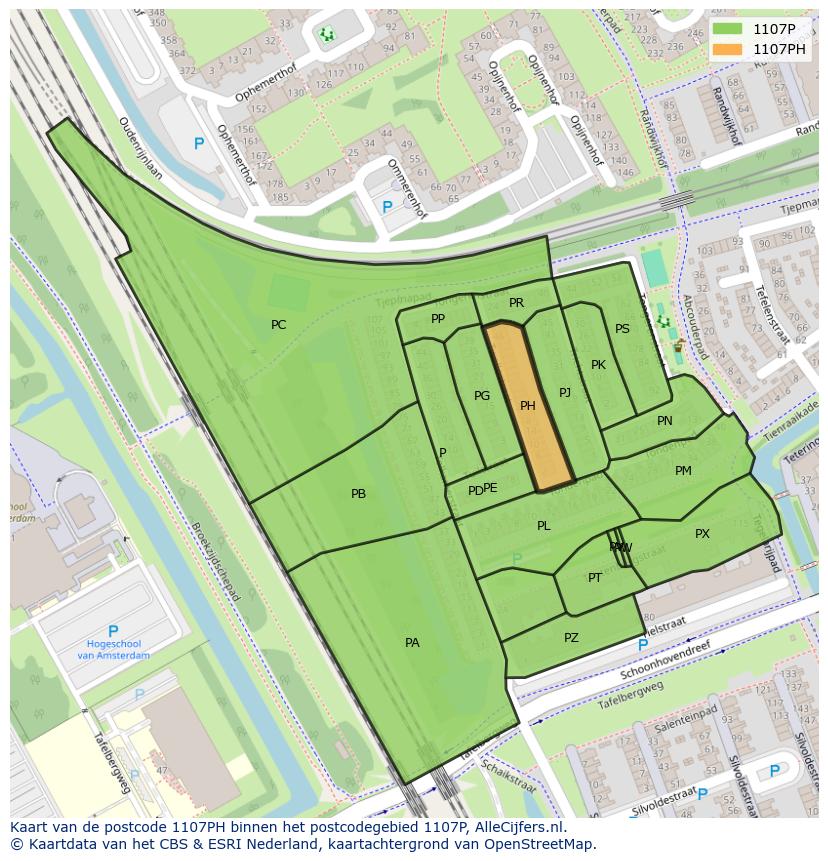 Afbeelding van het postcodegebied 1107 PH op de kaart.