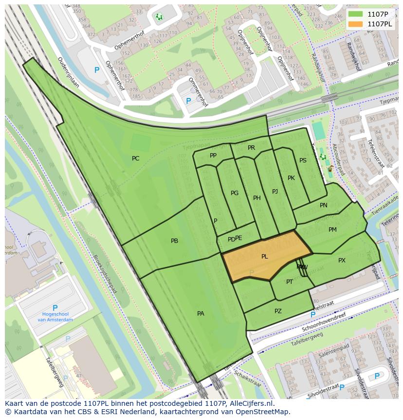 Afbeelding van het postcodegebied 1107 PL op de kaart.