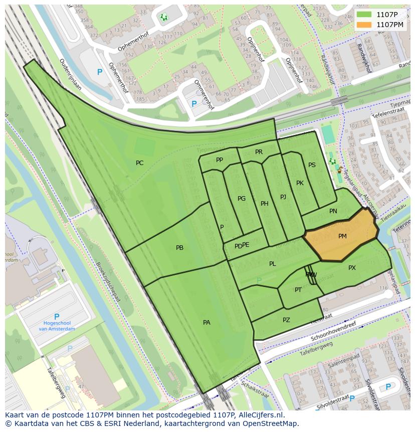 Afbeelding van het postcodegebied 1107 PM op de kaart.