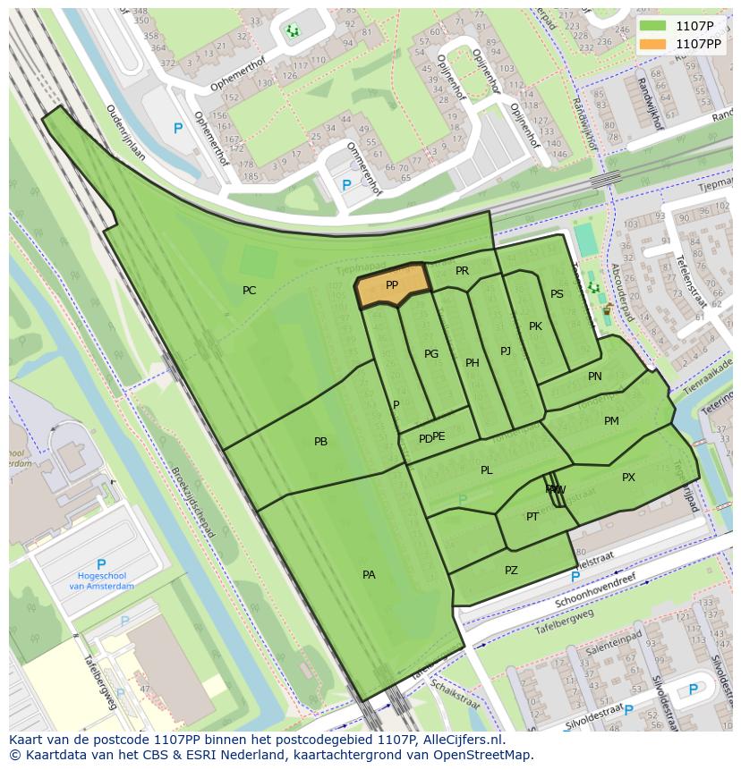 Afbeelding van het postcodegebied 1107 PP op de kaart.
