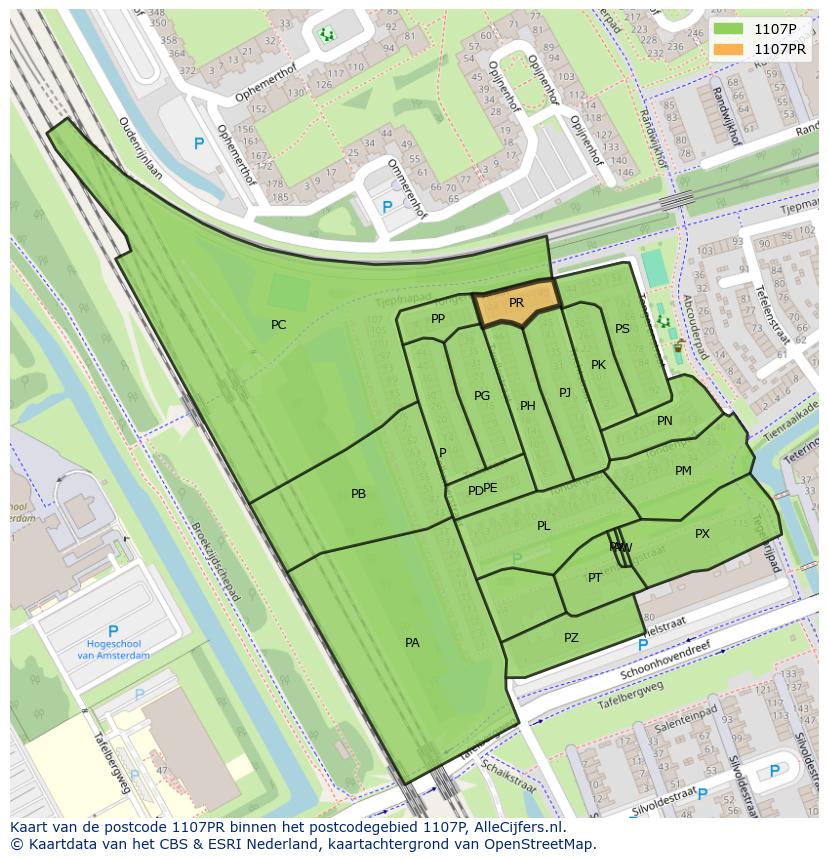 Afbeelding van het postcodegebied 1107 PR op de kaart.