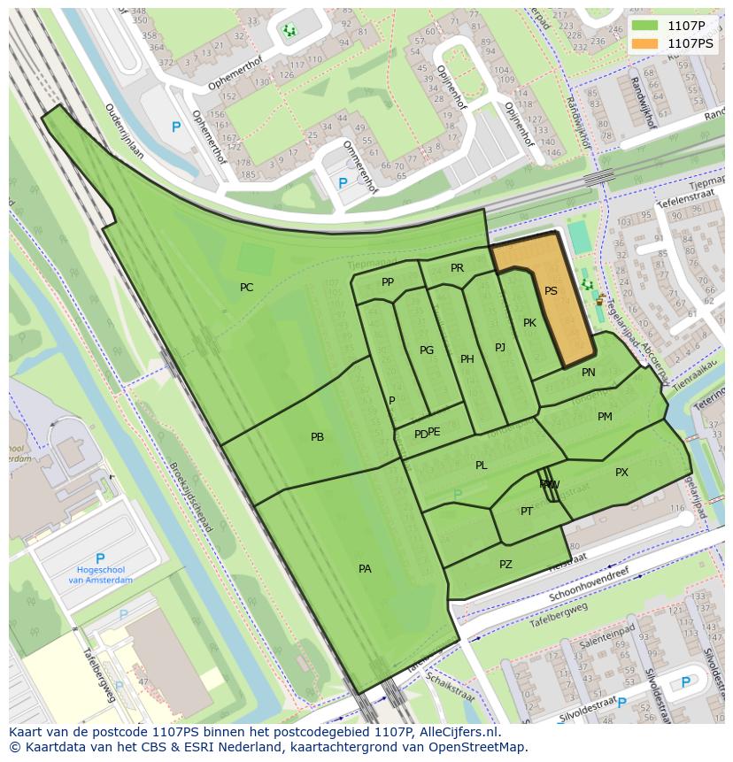 Afbeelding van het postcodegebied 1107 PS op de kaart.