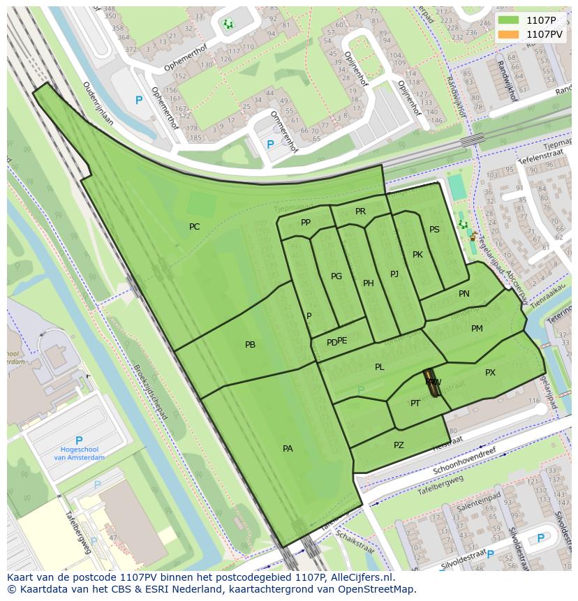 Afbeelding van het postcodegebied 1107 PV op de kaart.