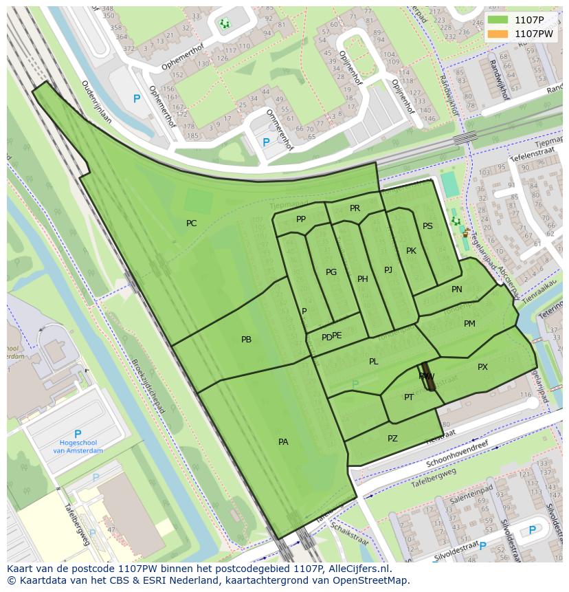 Afbeelding van het postcodegebied 1107 PW op de kaart.