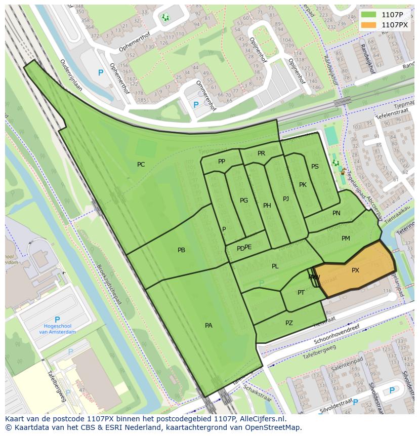 Afbeelding van het postcodegebied 1107 PX op de kaart.