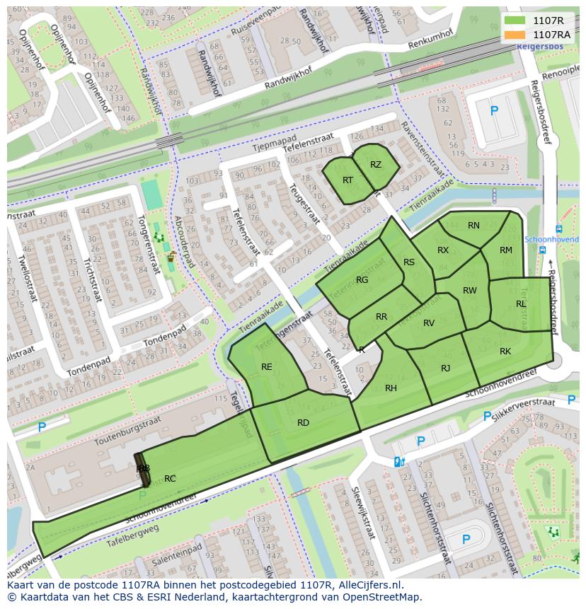 Afbeelding van het postcodegebied 1107 RA op de kaart.
