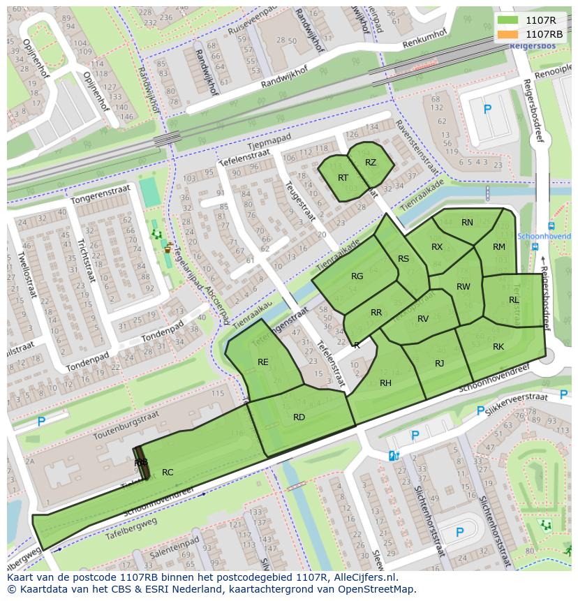 Afbeelding van het postcodegebied 1107 RB op de kaart.