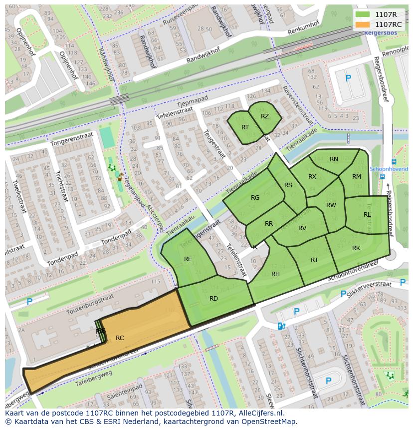 Afbeelding van het postcodegebied 1107 RC op de kaart.
