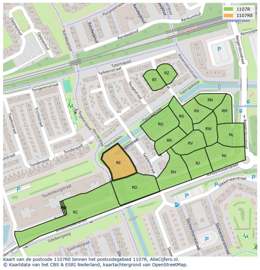 Afbeelding van het postcodegebied 1107 RE op de kaart.