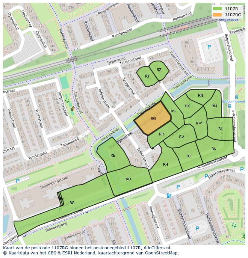 Afbeelding van het postcodegebied 1107 RG op de kaart.