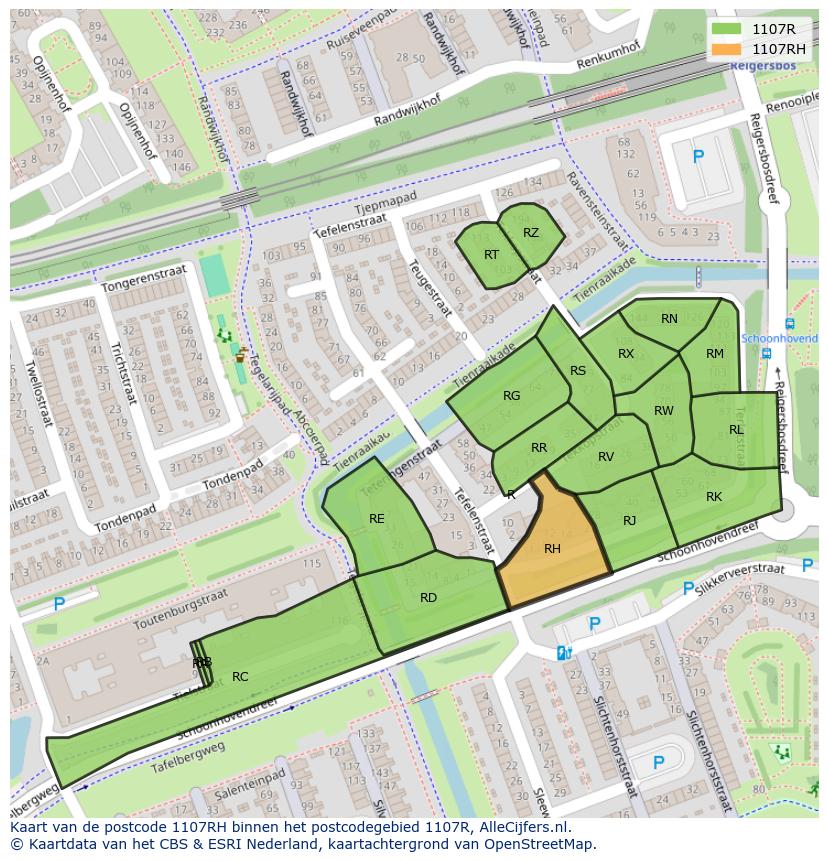 Afbeelding van het postcodegebied 1107 RH op de kaart.