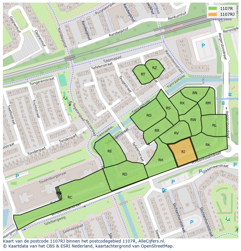 Afbeelding van het postcodegebied 1107 RJ op de kaart.