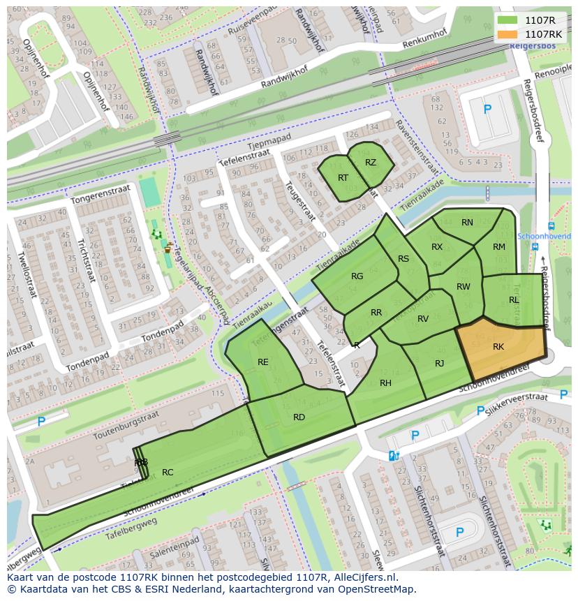 Afbeelding van het postcodegebied 1107 RK op de kaart.