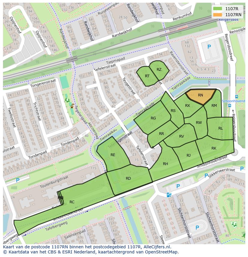 Afbeelding van het postcodegebied 1107 RN op de kaart.