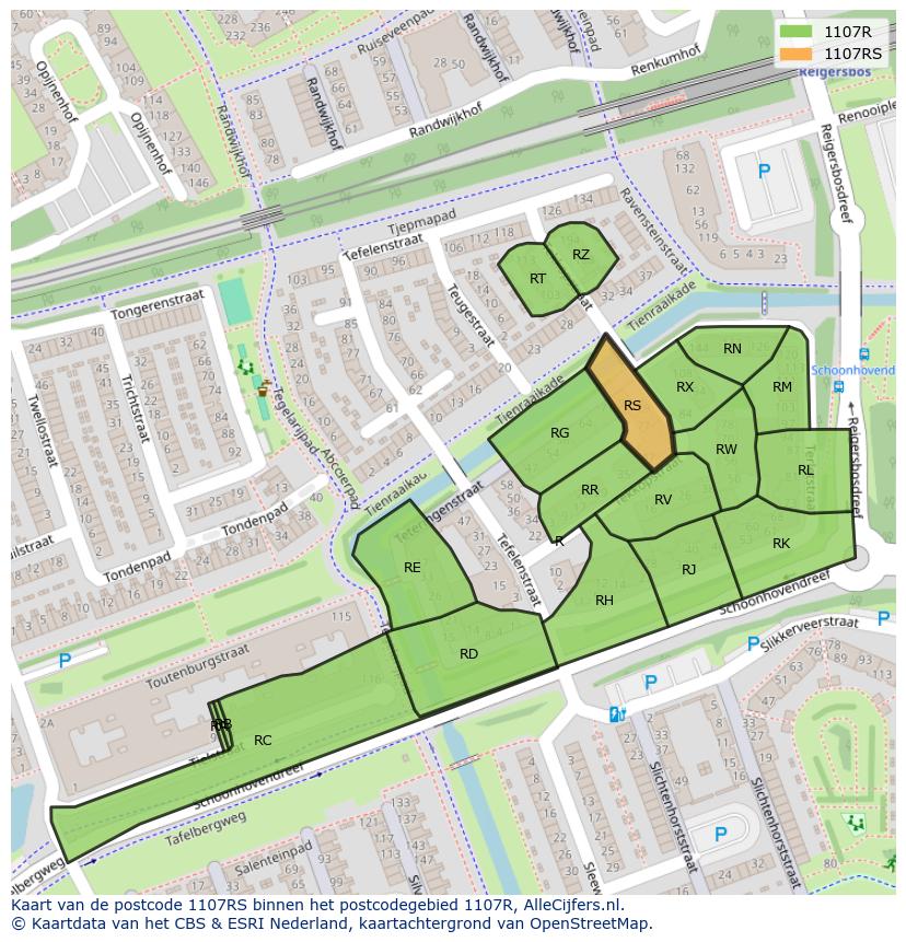 Afbeelding van het postcodegebied 1107 RS op de kaart.