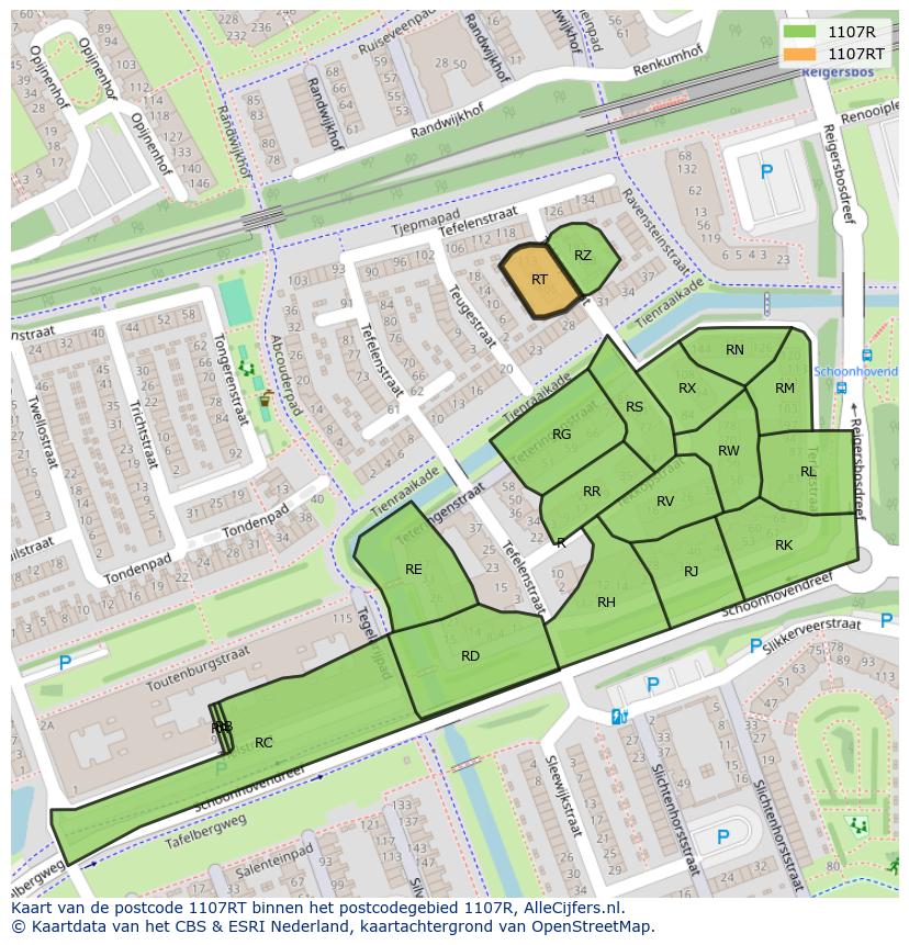 Afbeelding van het postcodegebied 1107 RT op de kaart.