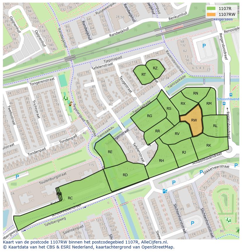 Afbeelding van het postcodegebied 1107 RW op de kaart.
