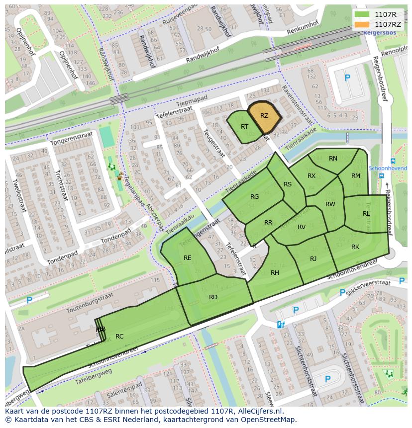 Afbeelding van het postcodegebied 1107 RZ op de kaart.