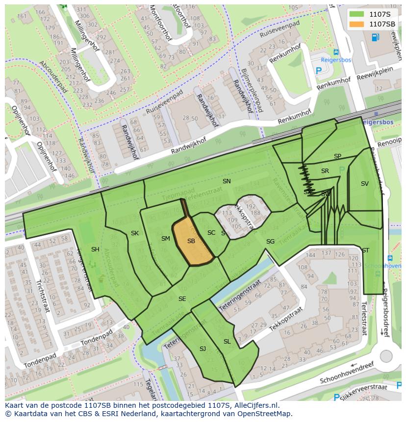 Afbeelding van het postcodegebied 1107 SB op de kaart.