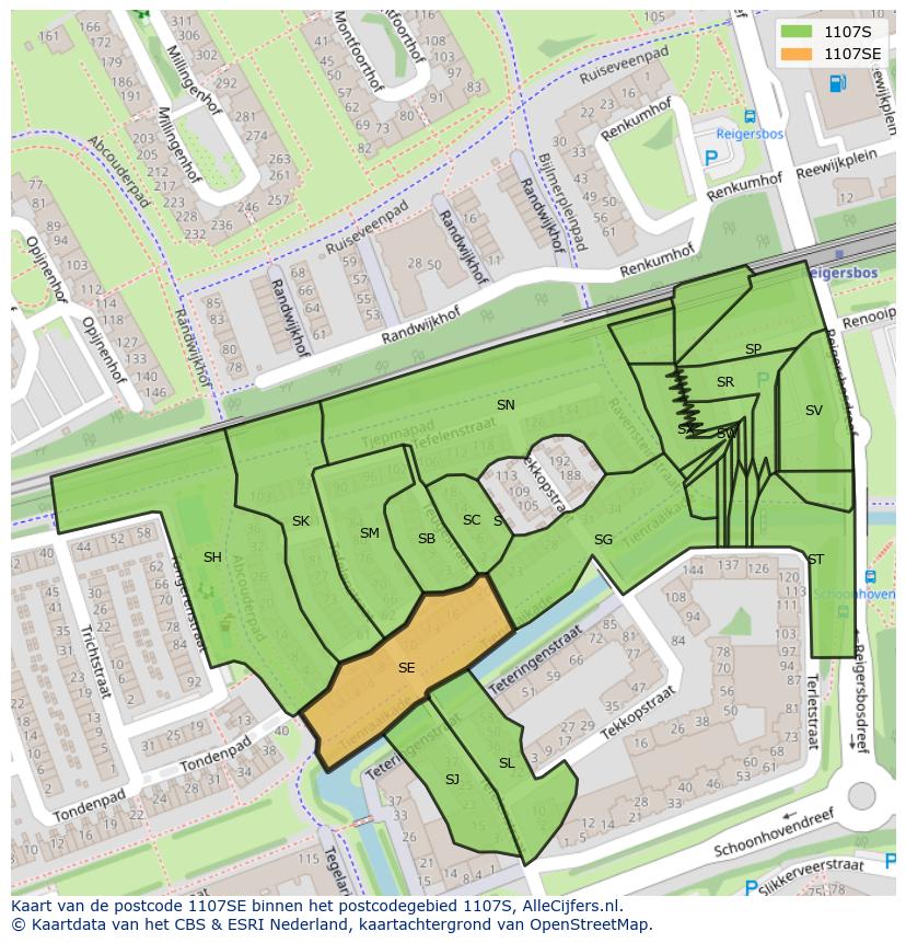 Afbeelding van het postcodegebied 1107 SE op de kaart.