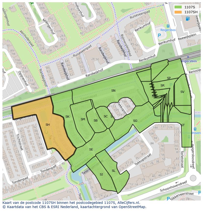Afbeelding van het postcodegebied 1107 SH op de kaart.