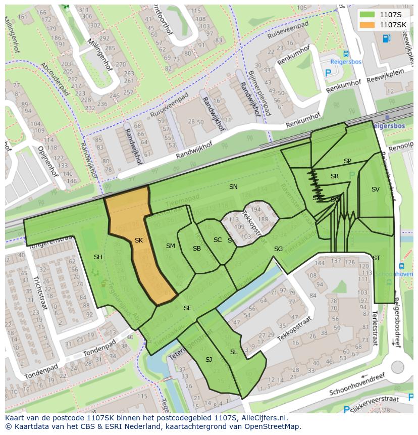 Afbeelding van het postcodegebied 1107 SK op de kaart.