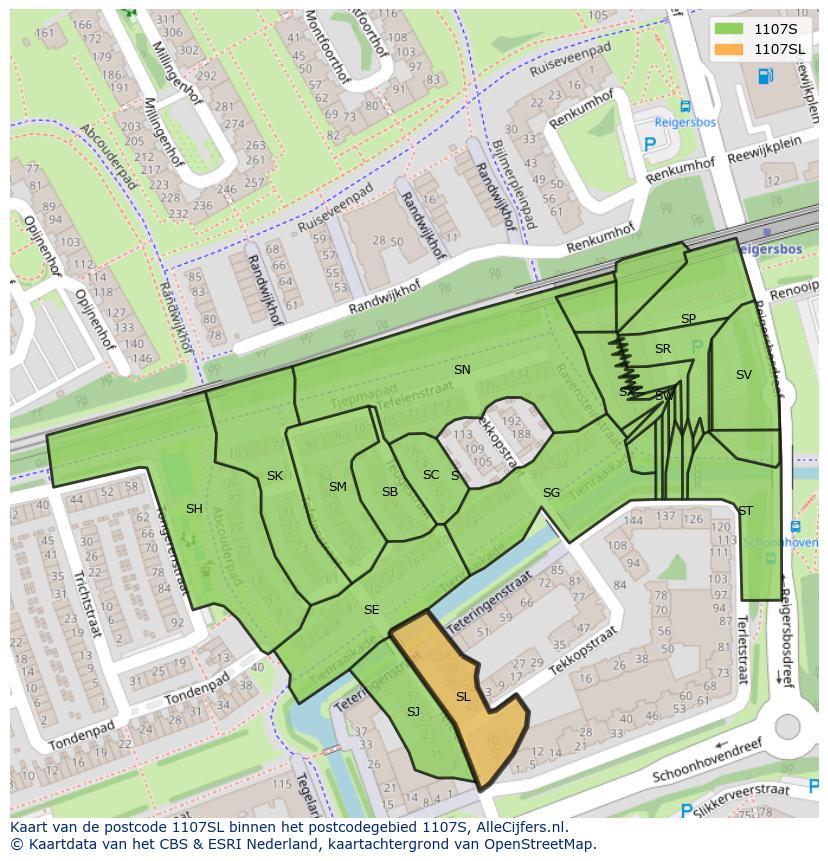 Afbeelding van het postcodegebied 1107 SL op de kaart.