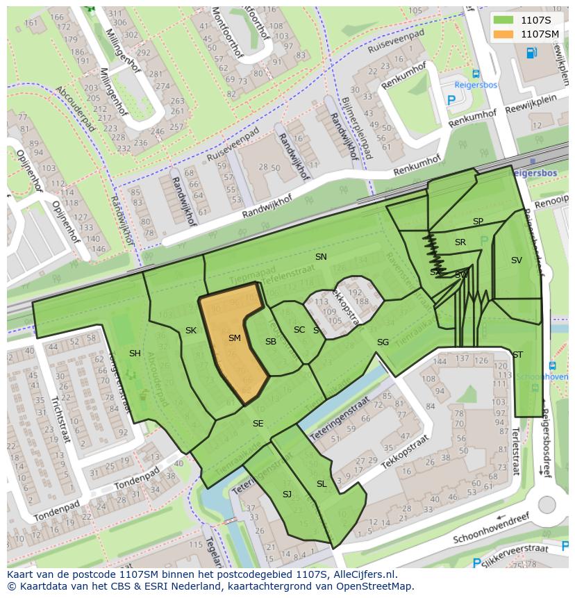 Afbeelding van het postcodegebied 1107 SM op de kaart.