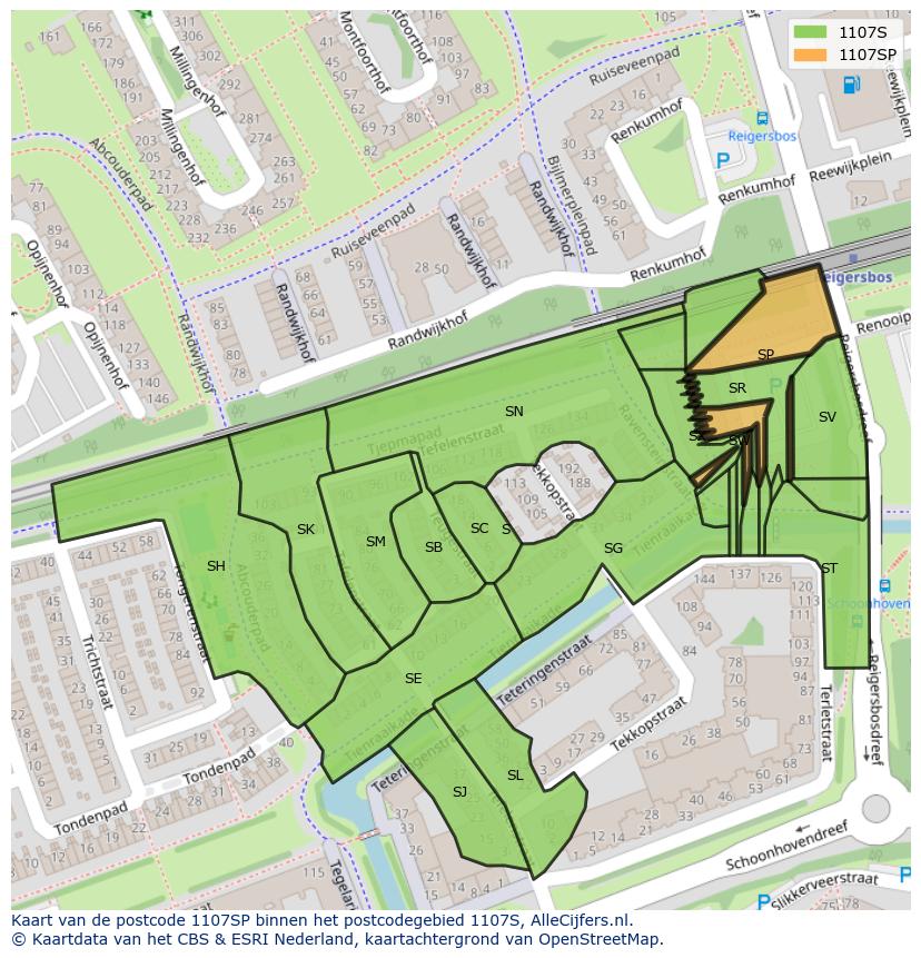 Afbeelding van het postcodegebied 1107 SP op de kaart.