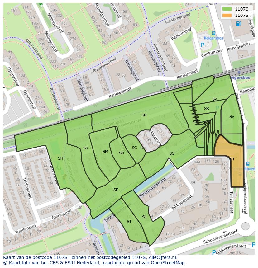 Afbeelding van het postcodegebied 1107 ST op de kaart.