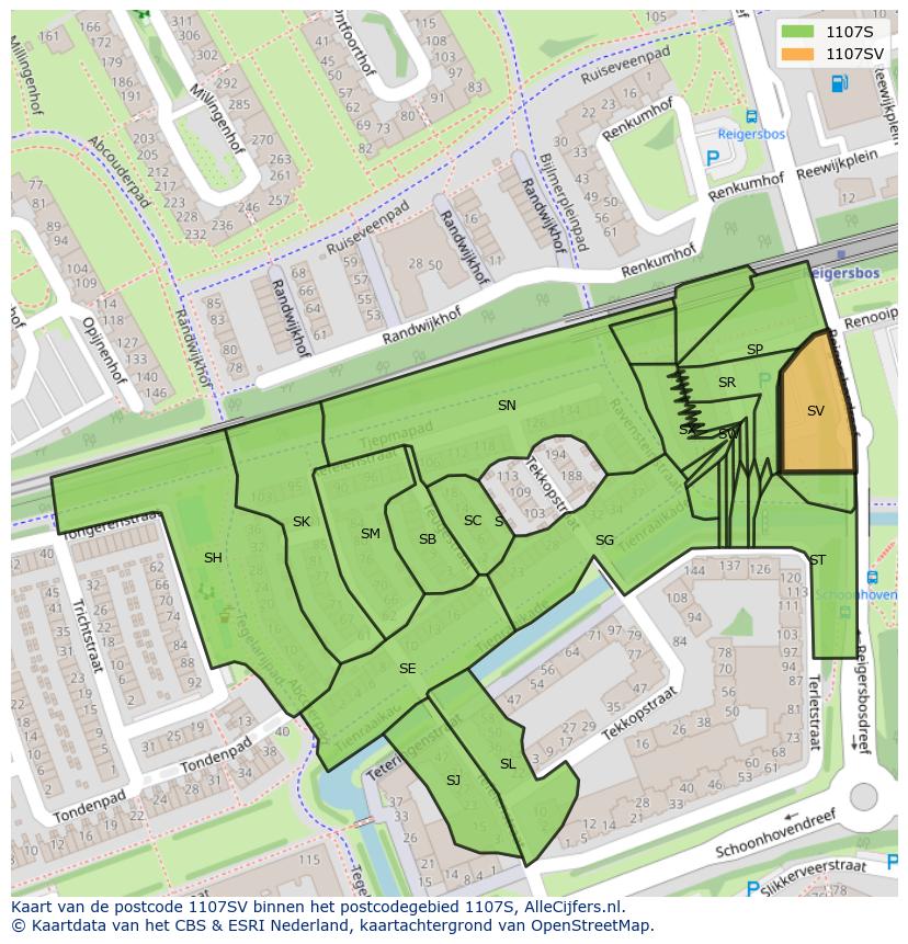 Afbeelding van het postcodegebied 1107 SV op de kaart.
