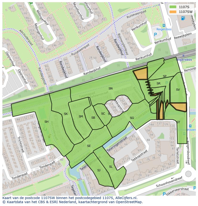 Afbeelding van het postcodegebied 1107 SW op de kaart.
