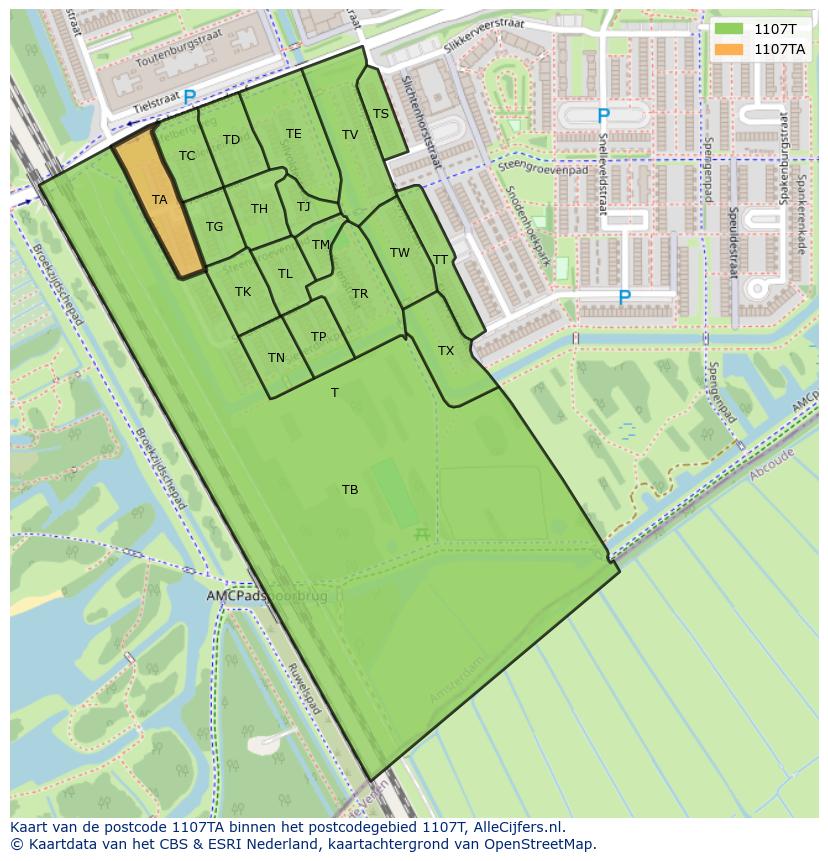 Afbeelding van het postcodegebied 1107 TA op de kaart.
