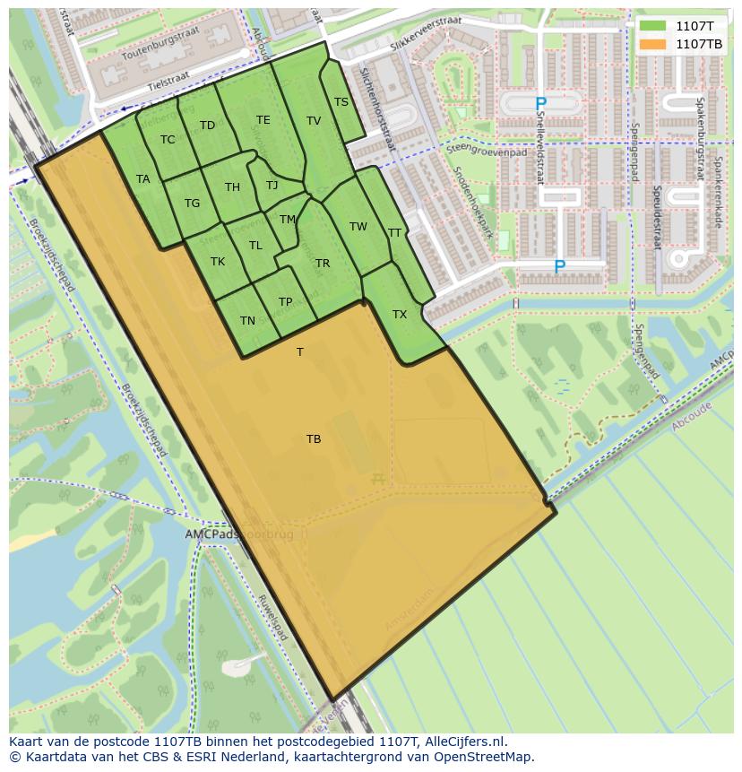 Afbeelding van het postcodegebied 1107 TB op de kaart.