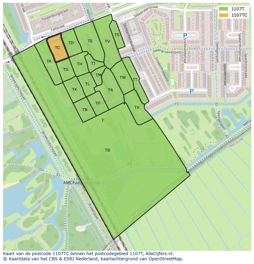 Afbeelding van het postcodegebied 1107 TC op de kaart.