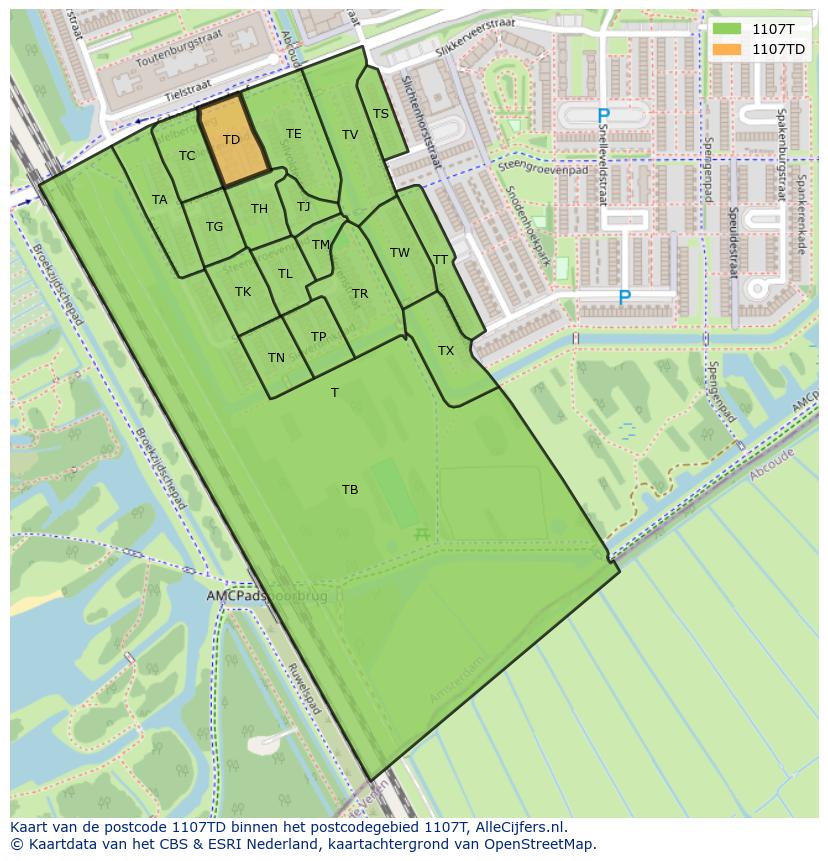 Afbeelding van het postcodegebied 1107 TD op de kaart.