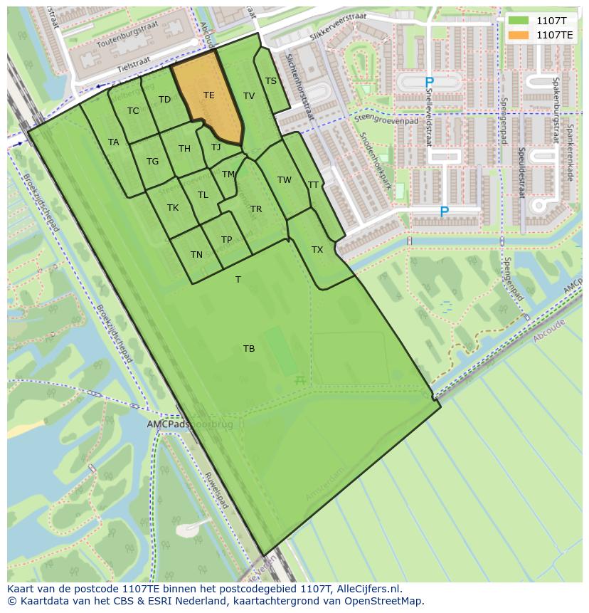 Afbeelding van het postcodegebied 1107 TE op de kaart.