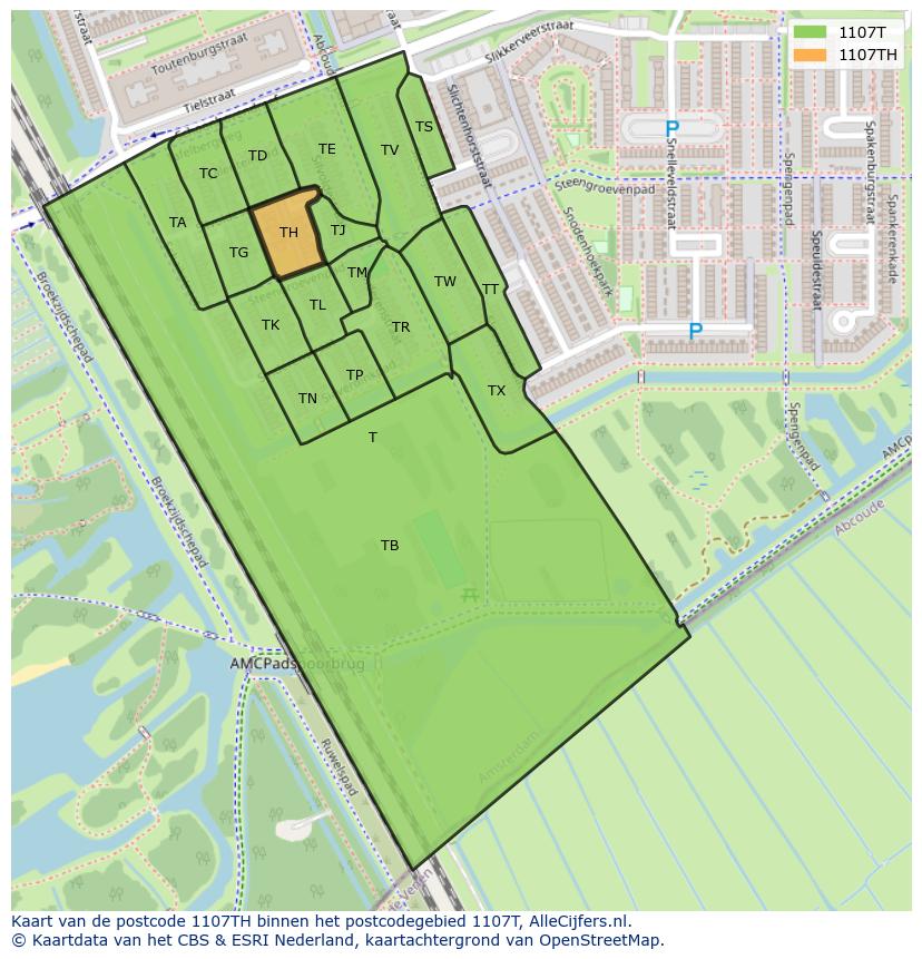 Afbeelding van het postcodegebied 1107 TH op de kaart.