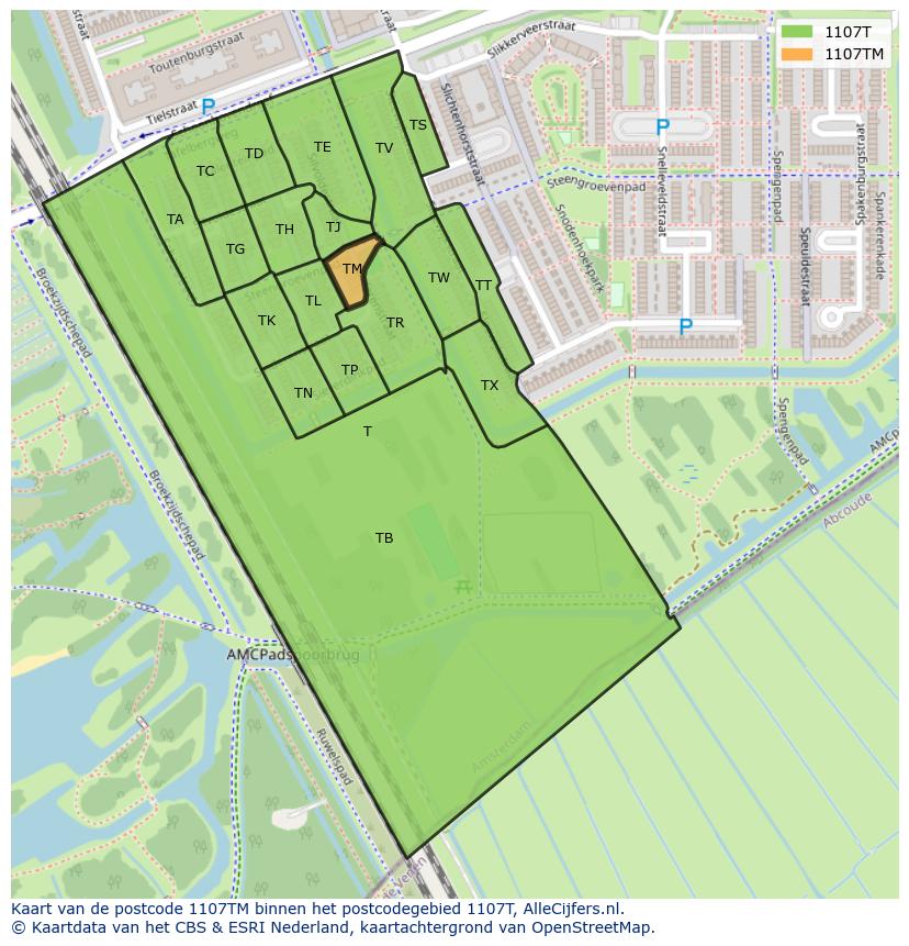 Afbeelding van het postcodegebied 1107 TM op de kaart.