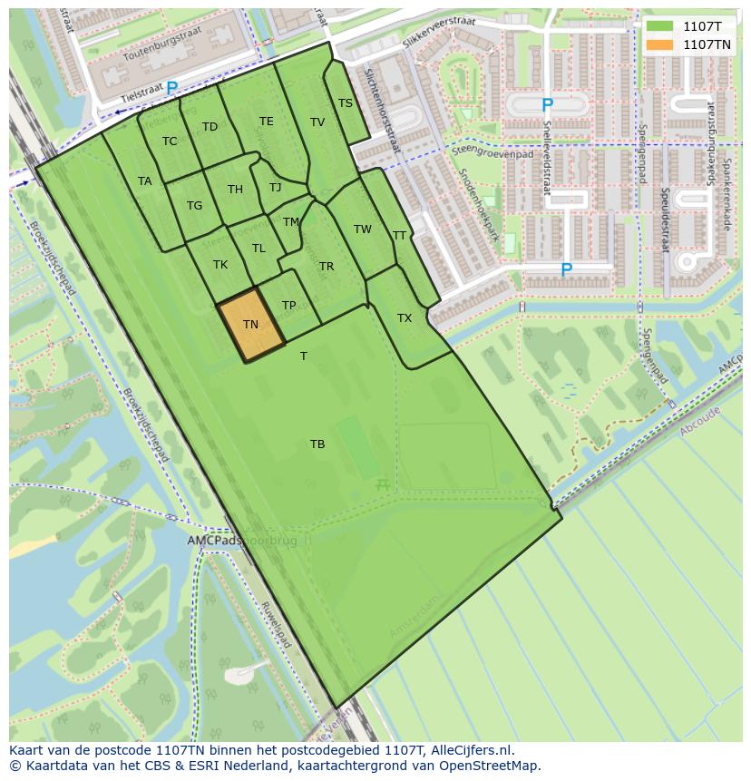 Afbeelding van het postcodegebied 1107 TN op de kaart.