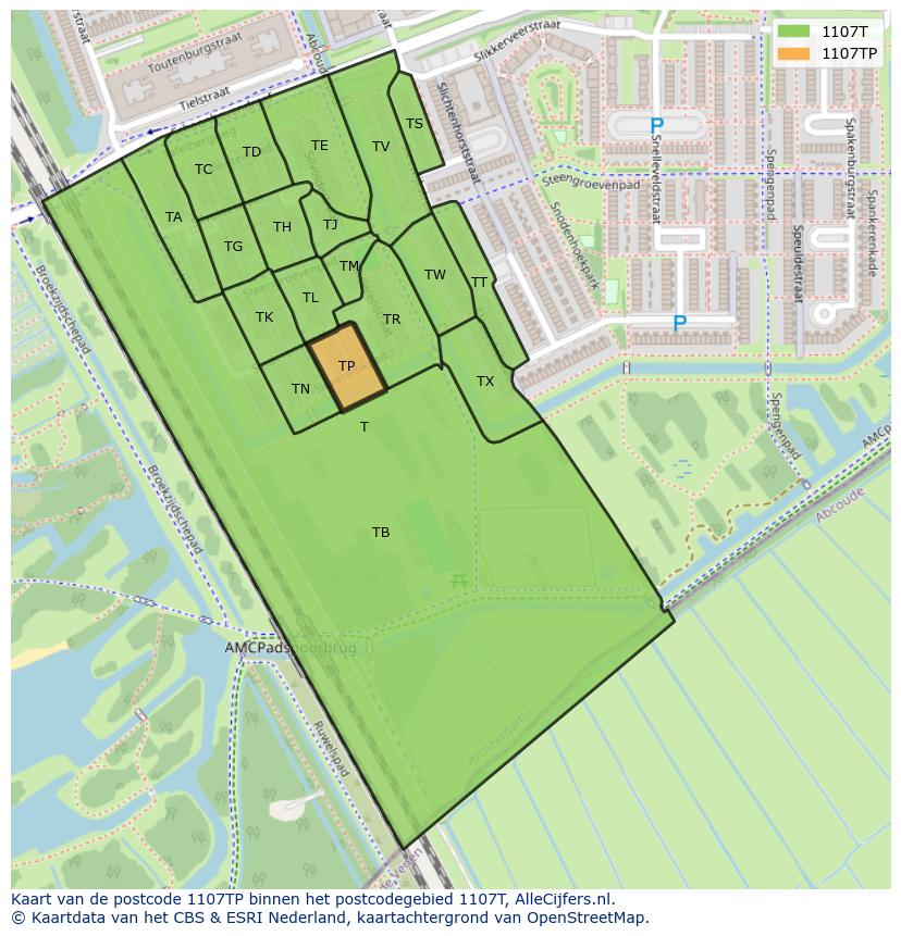 Afbeelding van het postcodegebied 1107 TP op de kaart.