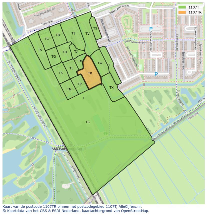 Afbeelding van het postcodegebied 1107 TR op de kaart.