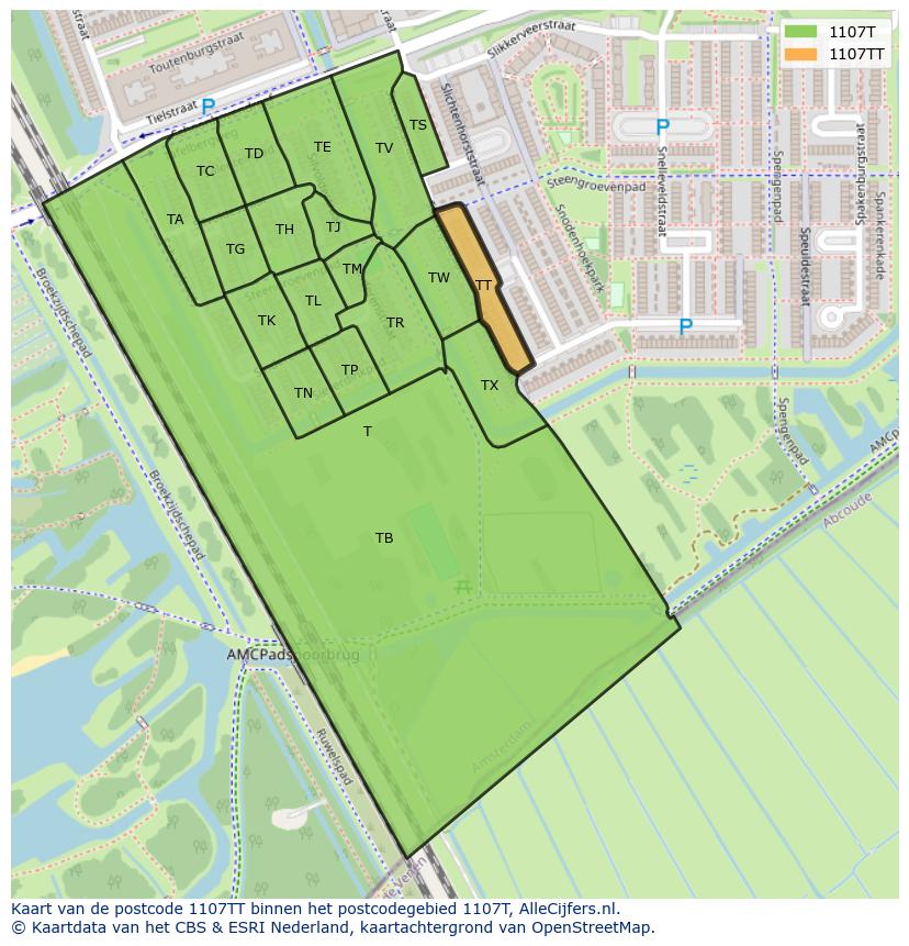 Afbeelding van het postcodegebied 1107 TT op de kaart.