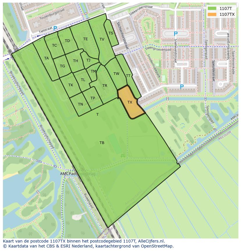 Afbeelding van het postcodegebied 1107 TX op de kaart.