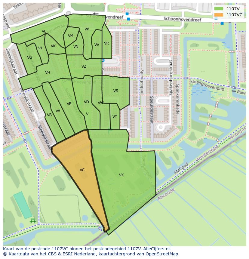 Afbeelding van het postcodegebied 1107 VC op de kaart.